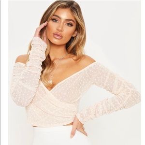 Mesh Ruched Sleeve Bardot Crop Top